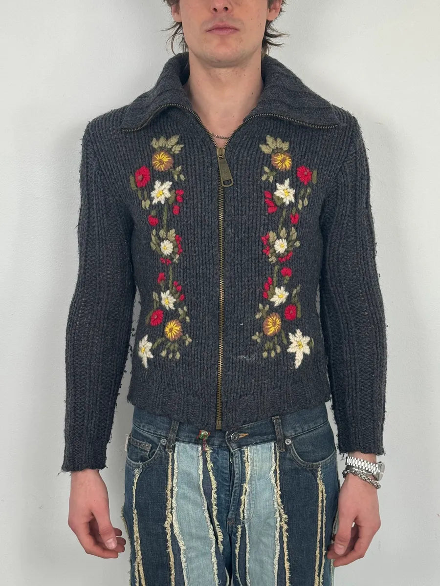 AW2002 Dolce & Gabbana Wool Embroidered Flowers Grey Sweater gZVGKUo 1