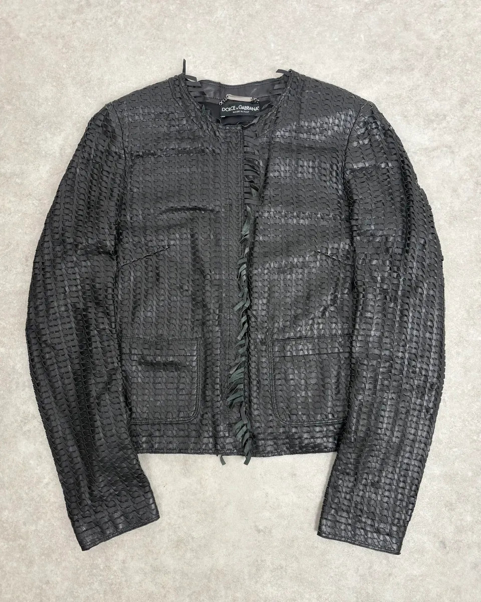 2000s Dolce & Gabbana Woven Black Leather Jacket qUXHopa 0