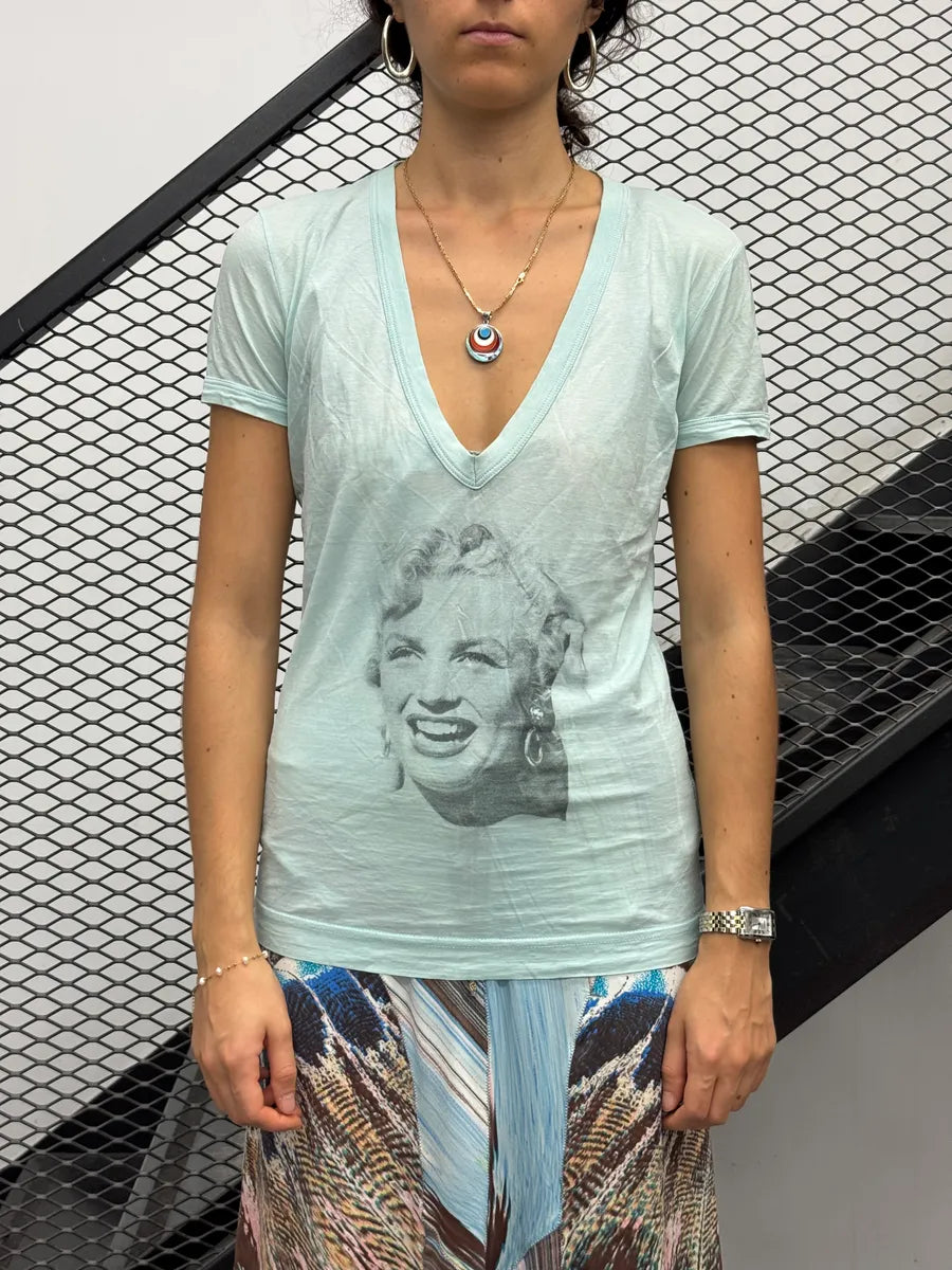 2000s Dolce & Gabbana Aqua Marilyn Monroe V-Neck T-Shirt  SzqINAl 0