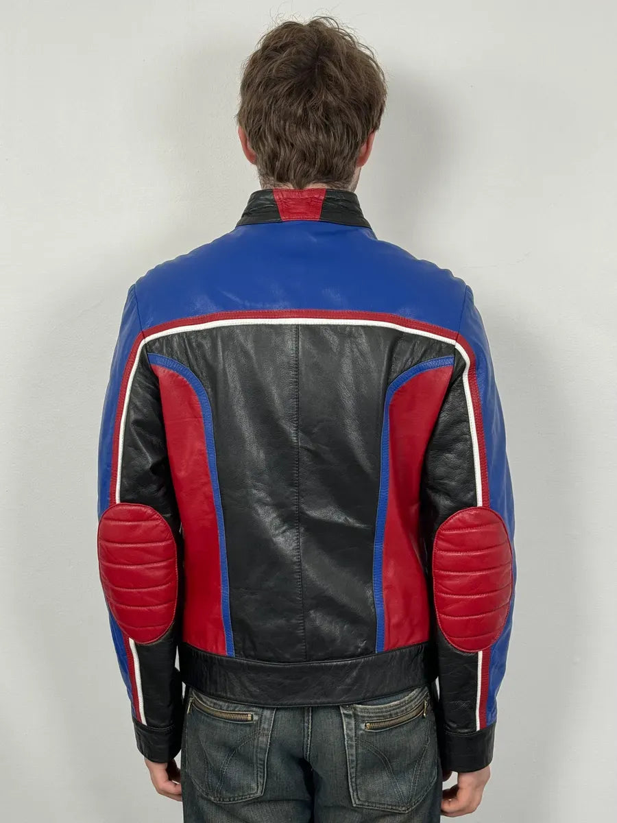 2000s Dolce & Gabbana Blue & Black Racing Biker Leather Jacket MmMNGFs 2