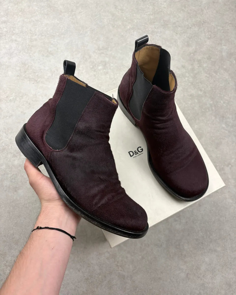 2000s Dolce & Gabbana Burgundy Pony Hair Chelsea Boots GmASqpw 0