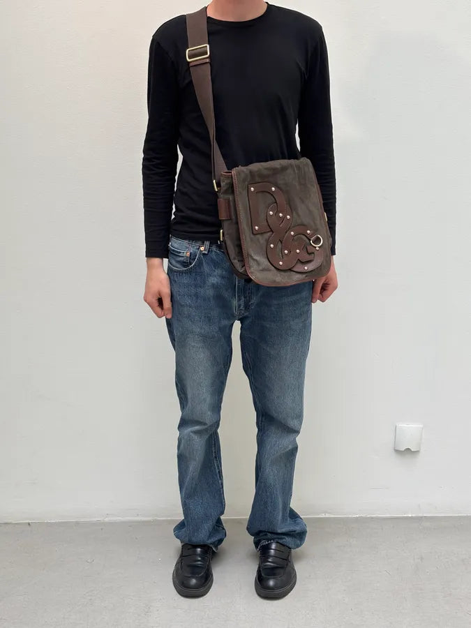 2000s Dolce Gabbana Canvas Leather Studded Shoulder bag  YAFcdVJ 1
