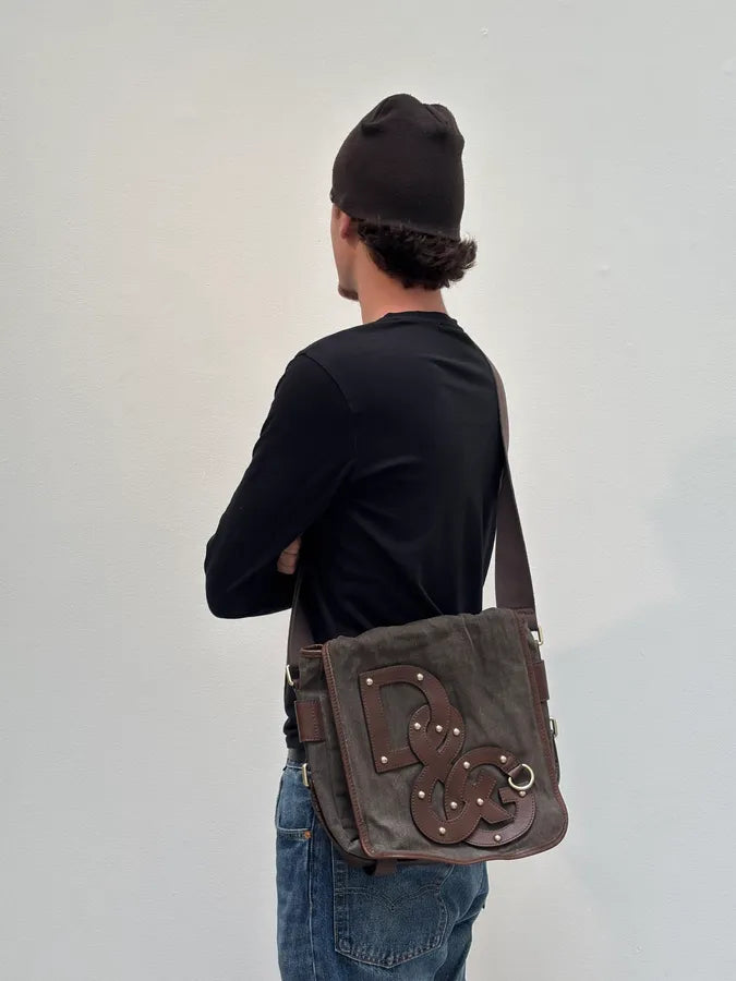 2000s Dolce Gabbana Canvas Leather Studded Shoulder bag  YAFcdVJ 2