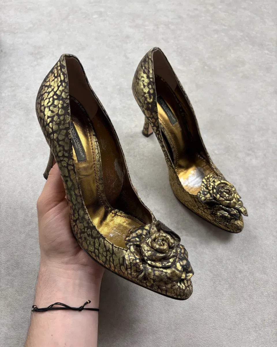 2000s Dolce & Gabbana Guilded Rose Embellished Leather Heels FGbIRPE 0