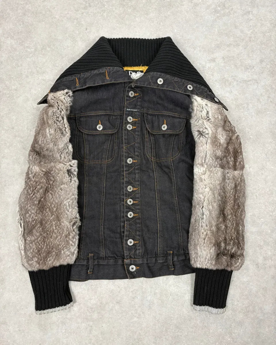 2000s Dolce & Gabbana Navy Denim Buttoned Fur Arms Jacket IwionXZ 0