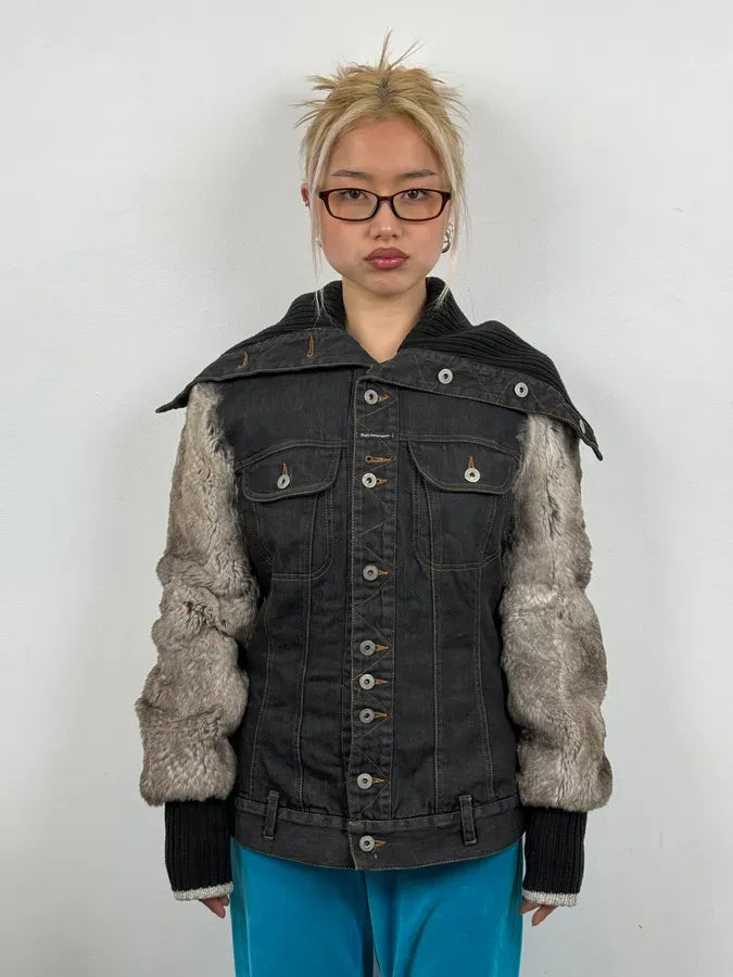 2000s Dolce & Gabbana Navy Denim Buttoned Fur Arms Jacket IwionXZ 1
