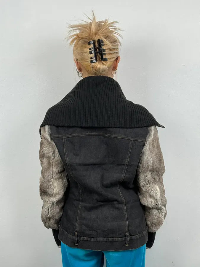 2000s Dolce & Gabbana Navy Denim Buttoned Fur Arms Jacket IwionXZ 2