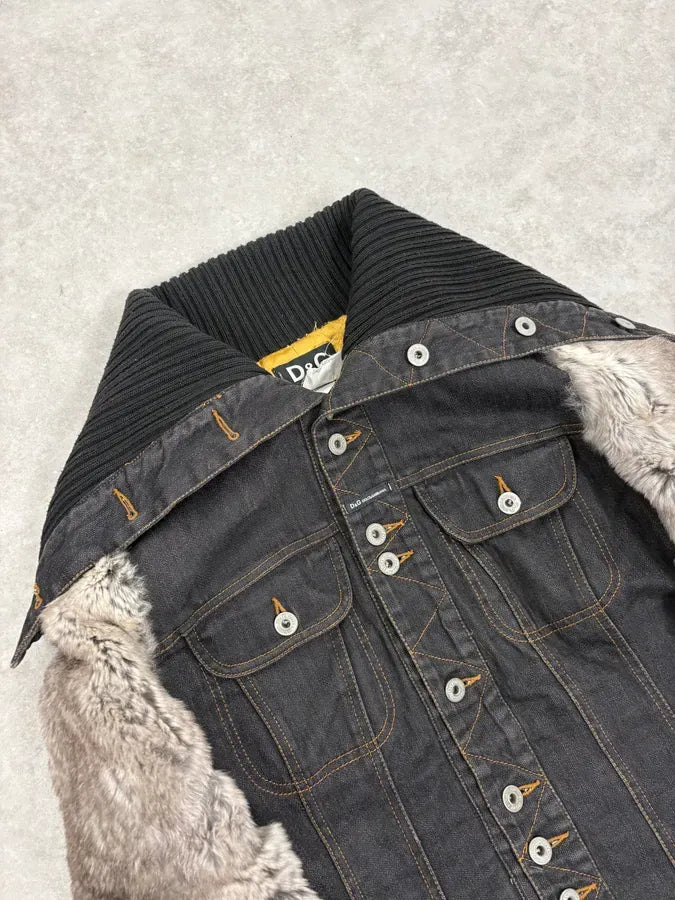 2000s Dolce & Gabbana Navy Denim Buttoned Fur Arms Jacket IwionXZ 4