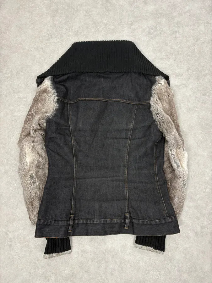 2000s Dolce & Gabbana Navy Denim Buttoned Fur Arms Jacket IwionXZ 5