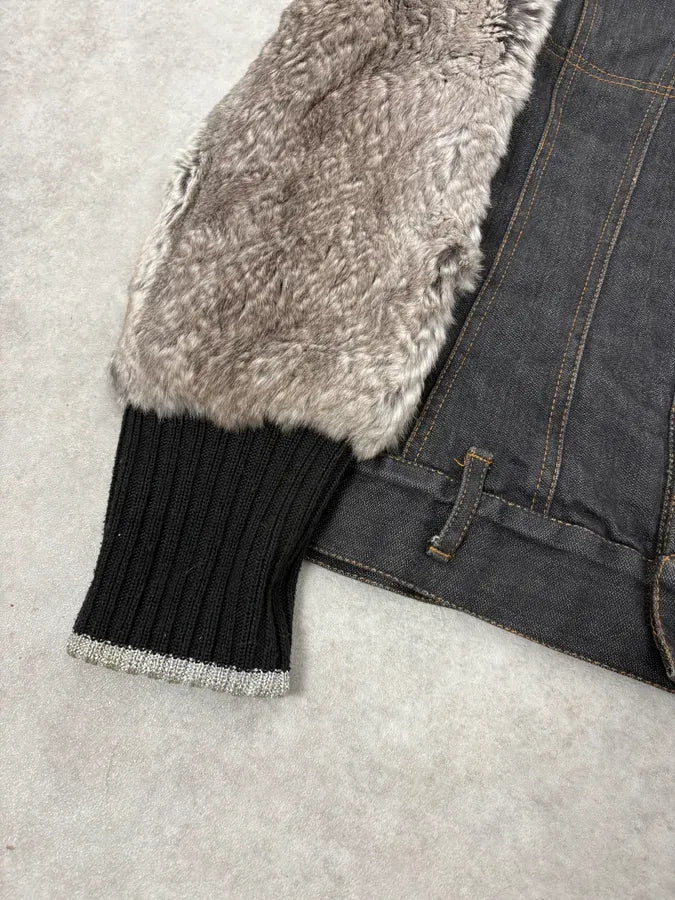 2000s Dolce & Gabbana Navy Denim Buttoned Fur Arms Jacket IwionXZ 7