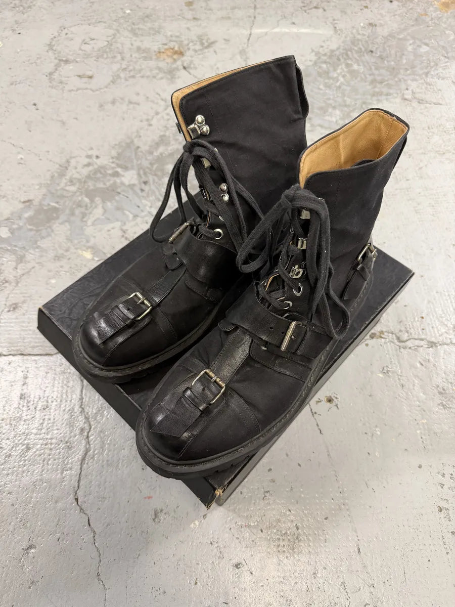2000s Dries Van Noten Stras Combat Black Leather Boots LoZmXfN 1