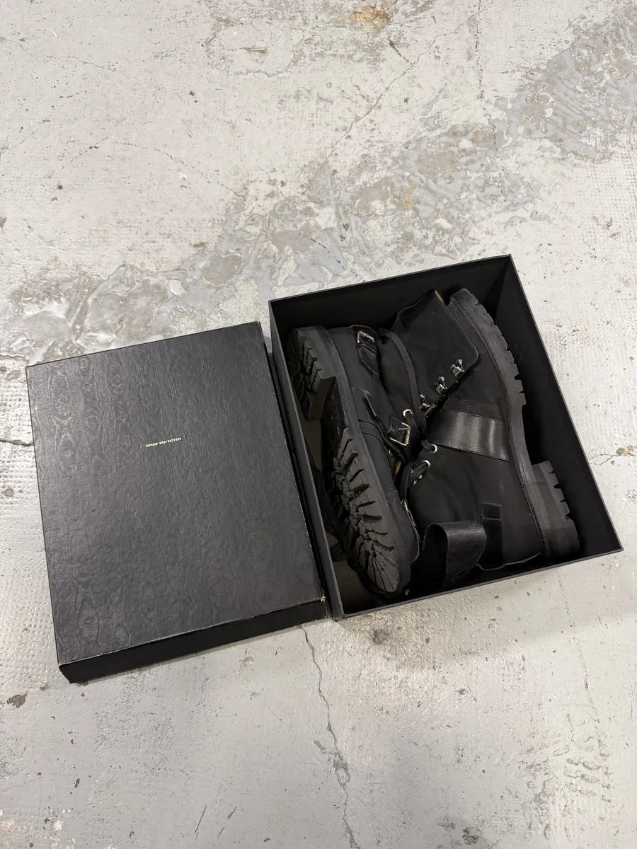 2000s Dries Van Noten Stras Combat Black Leather Boots LoZmXfN 5