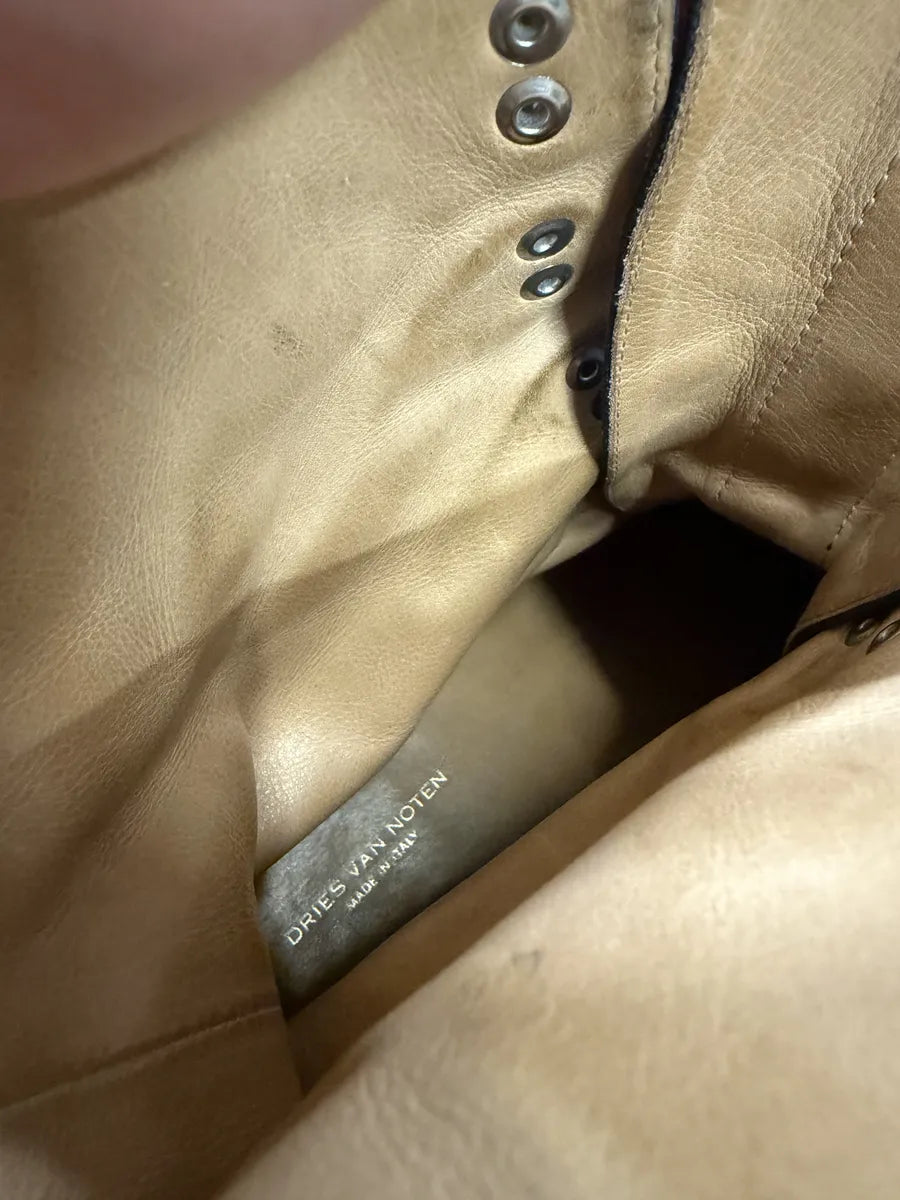 2000s Dries Van Noten Stras Combat Black Leather Boots LoZmXfN 7