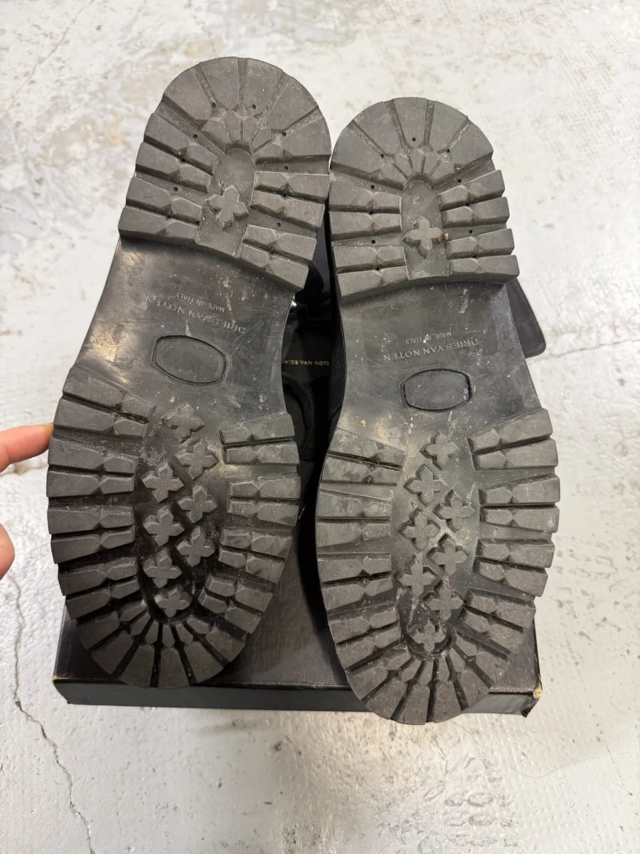 2000s Dries Van Noten Stras Combat Black Leather Boots LoZmXfN 8