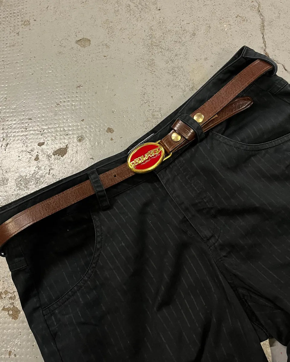 2000s Dsquared2 Brown Leather Red Oval Logo Buckle Belt ylEJcVg 0