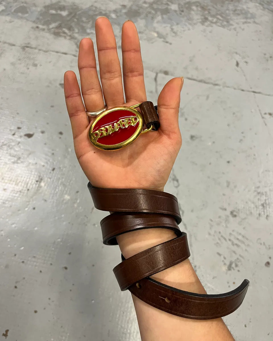 2000s Dsquared2 Brown Leather Red Oval Logo Buckle Belt ylEJcVg 1
