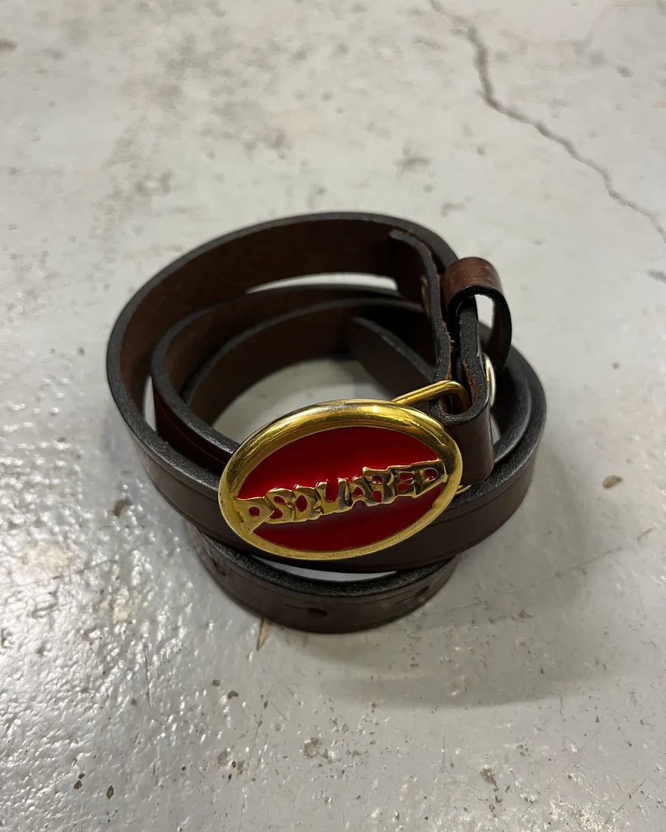 2000s Dsquared2 Brown Leather Red Oval Logo Buckle Belt ylEJcVg 3