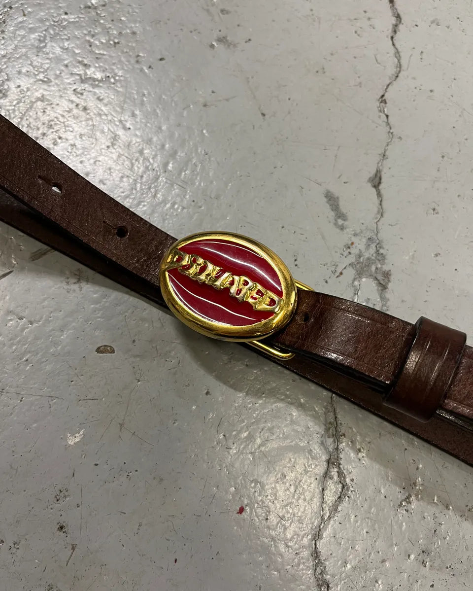 2000s Dsquared2 Brown Leather Red Oval Logo Buckle Belt ylEJcVg 5
