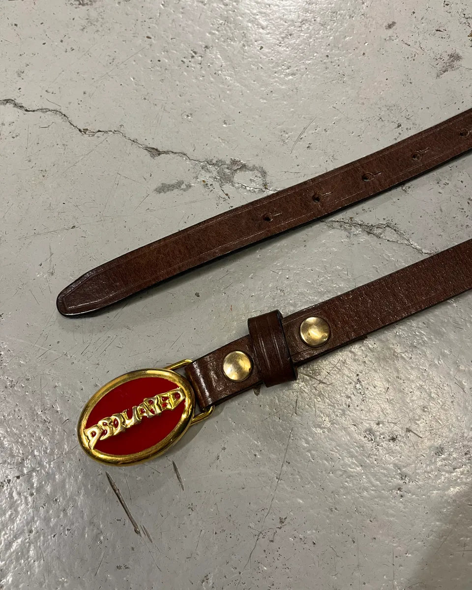 2000s Dsquared2 Brown Leather Red Oval Logo Buckle Belt ylEJcVg 6