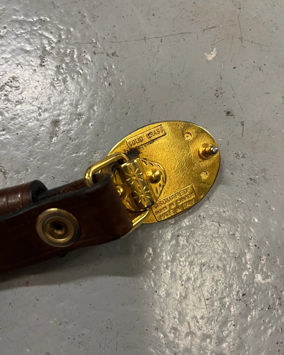 2000s Dsquared2 Brown Leather Red Oval Logo Buckle Belt ylEJcVg 8