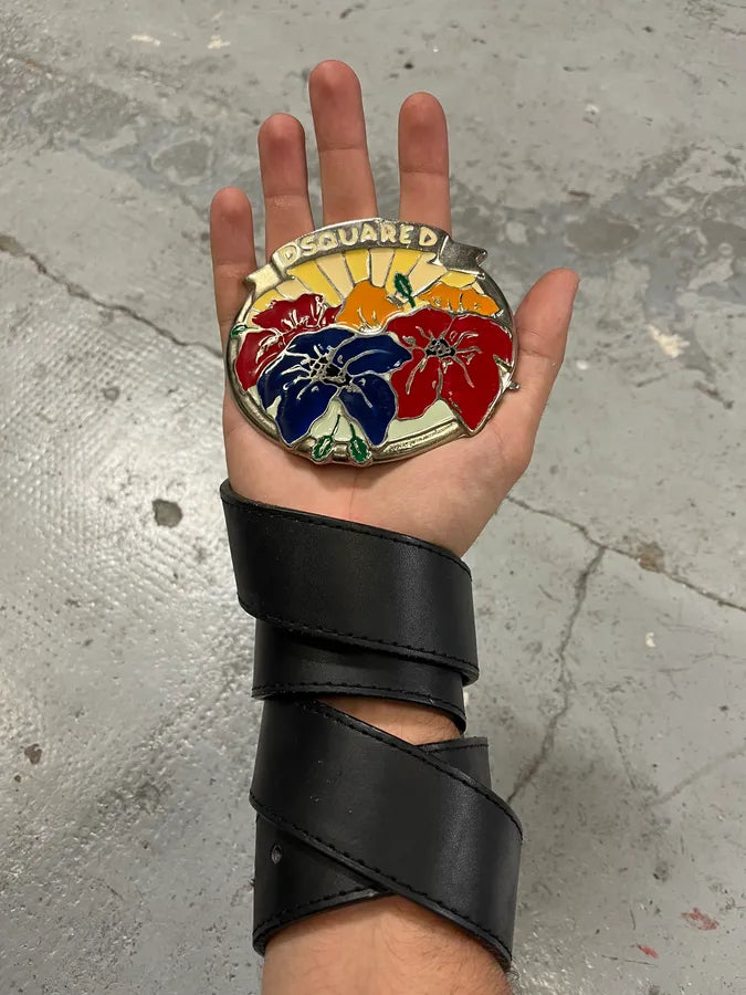 2000s Dsquared2 Colorful Flowers Black Leather Belt jDMZARz 0
