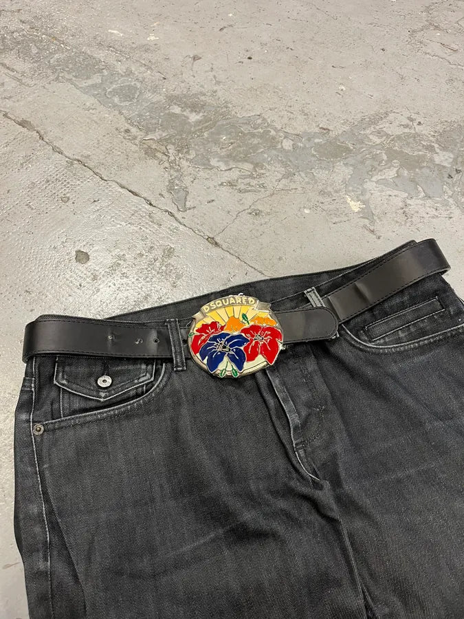 2000s Dsquared2 Colorful Flowers Black Leather Belt jDMZARz 1