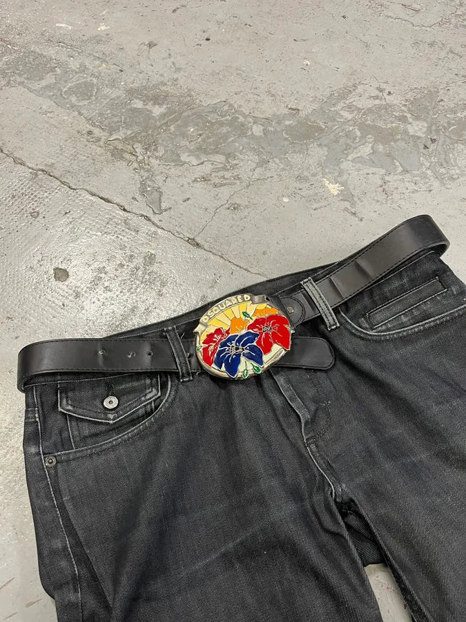 2000s Dsquared2 Colorful Flowers Black Leather Belt jDMZARz 2