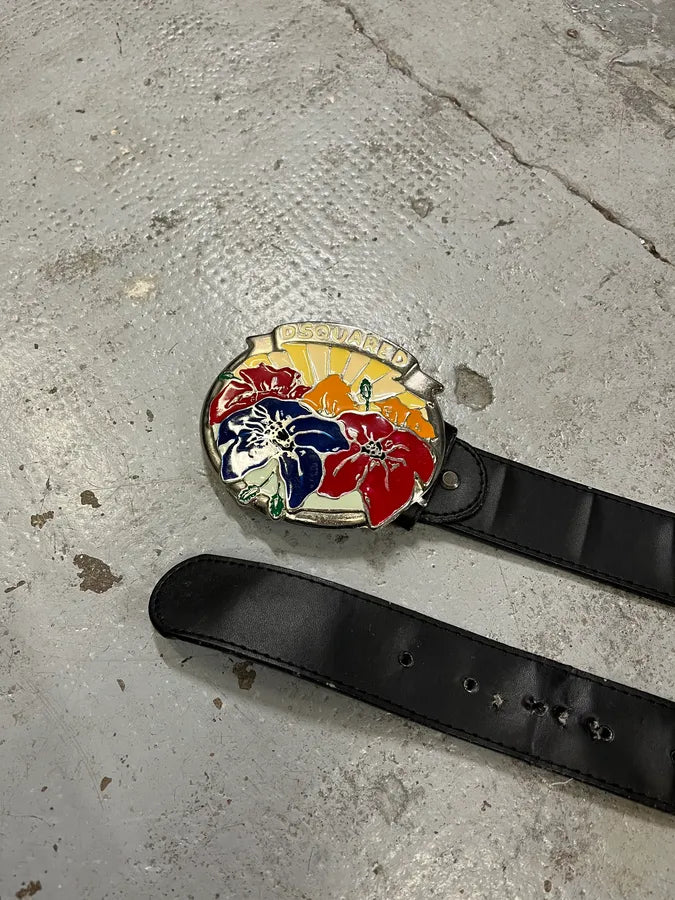 2000s Dsquared2 Colorful Flowers Black Leather Belt jDMZARz 3