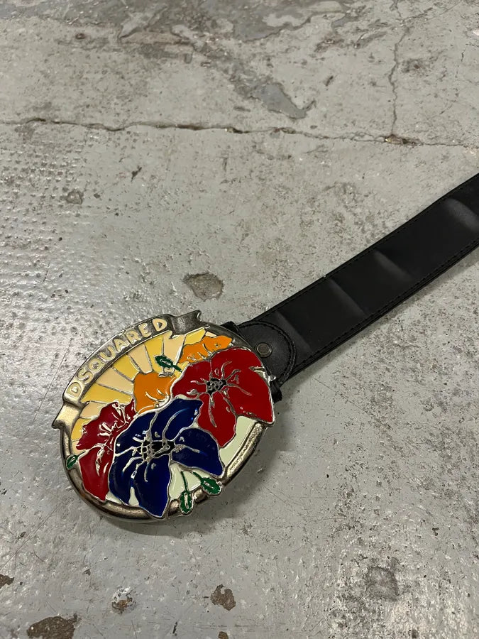 2000s Dsquared2 Colorful Flowers Black Leather Belt jDMZARz 4