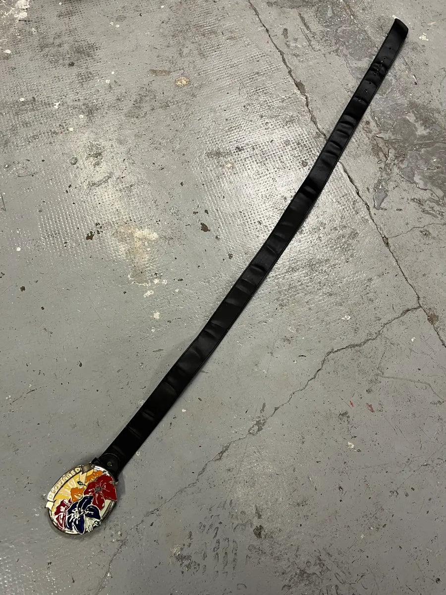 2000s Dsquared2 Colorful Flowers Black Leather Belt jDMZARz 7