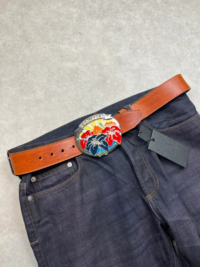 2000s Dsquared2 Hawaï Brown Floral Leather Belt mmKcpLL 1