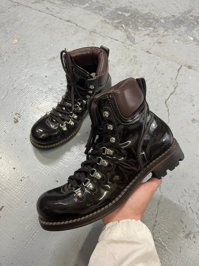 2000s Dsquared2 Hiking Brown Patent Leather Boots QGNvGJa 0
