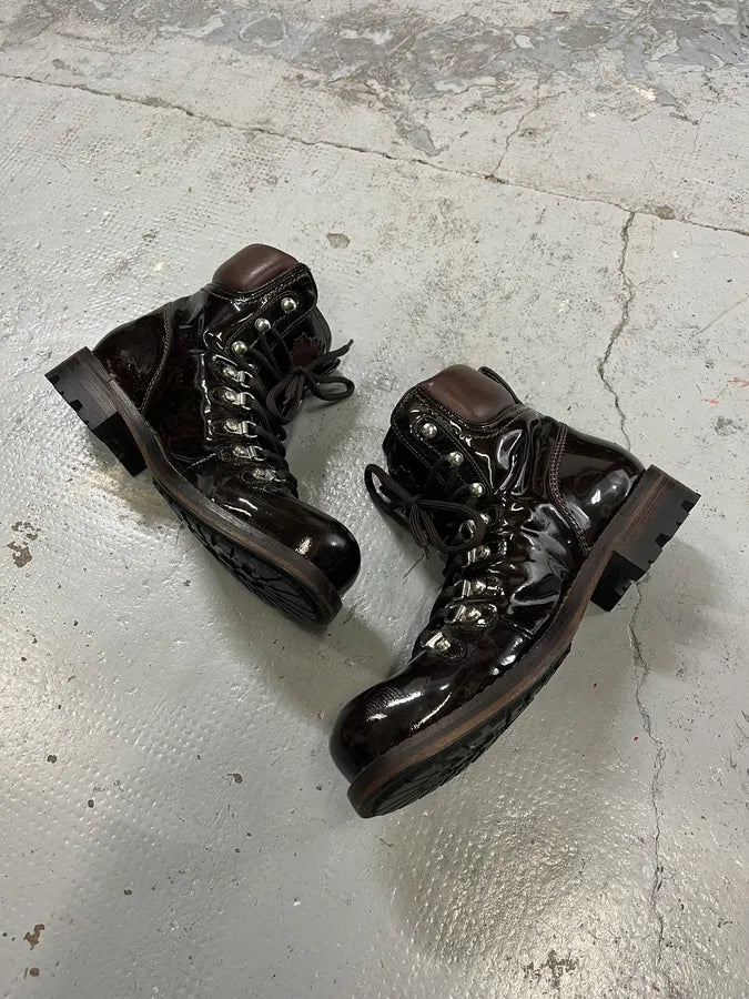 2000s Dsquared2 Hiking Brown Patent Leather Boots QGNvGJa 1