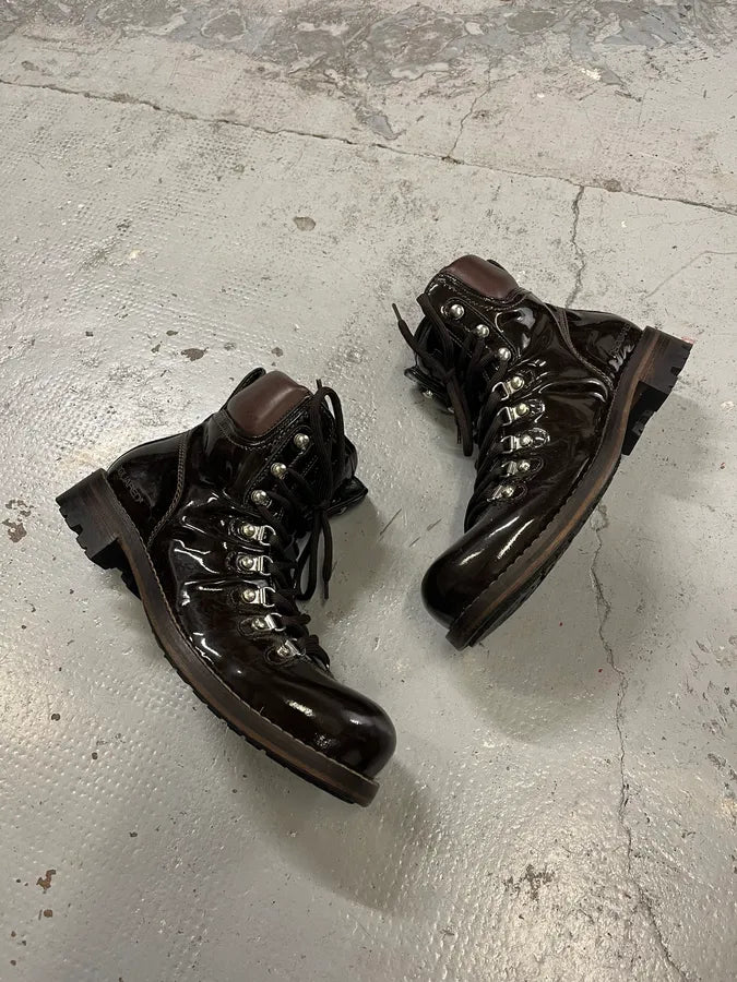 2000s Dsquared2 Hiking Brown Patent Leather Boots QGNvGJa 2