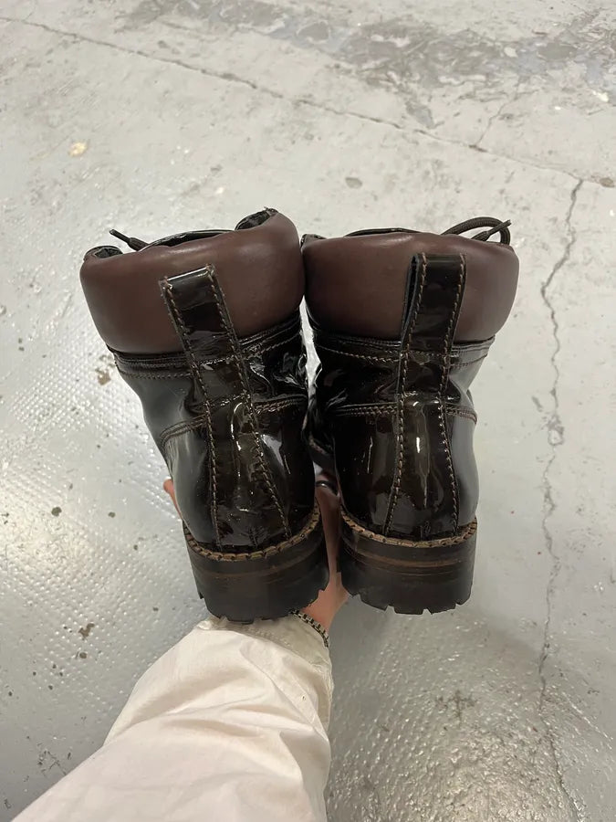 2000s Dsquared2 Hiking Brown Patent Leather Boots QGNvGJa 5