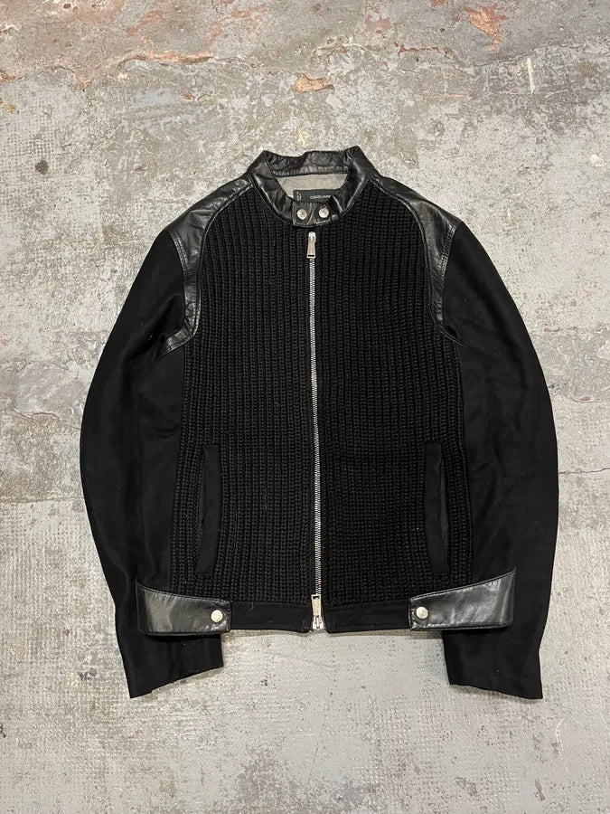 2000s Dsquared2 Hybrid Wool & Leather Black Racing Jacket RLbHTNE 0