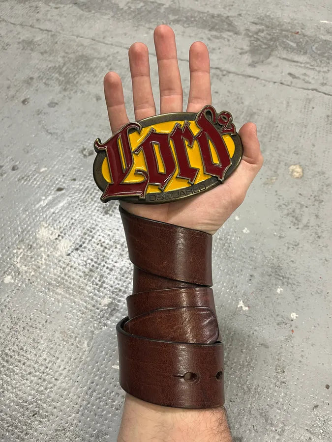 2000s Dsquared2 Lord Yellow Buckle Brown Leather Belt alDKqgh 1