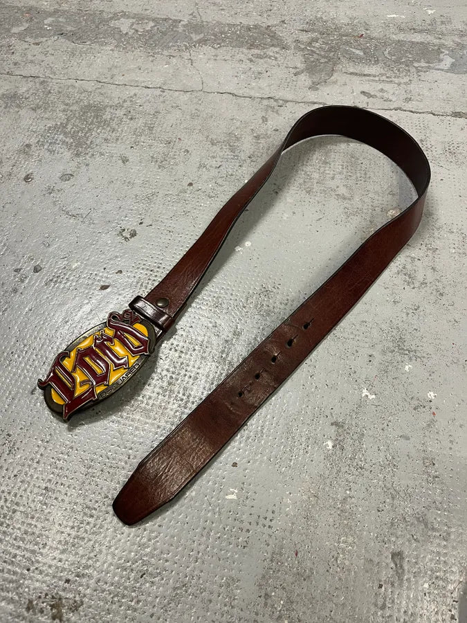 2000s Dsquared2 Lord Yellow Buckle Brown Leather Belt alDKqgh 3
