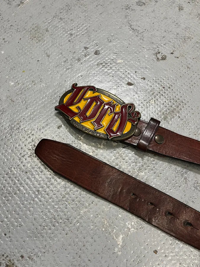 2000s Dsquared2 Lord Yellow Buckle Brown Leather Belt alDKqgh 4