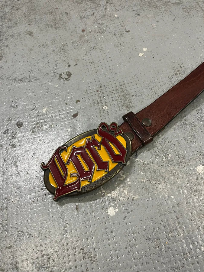 2000s Dsquared2 Lord Yellow Buckle Brown Leather Belt alDKqgh 5