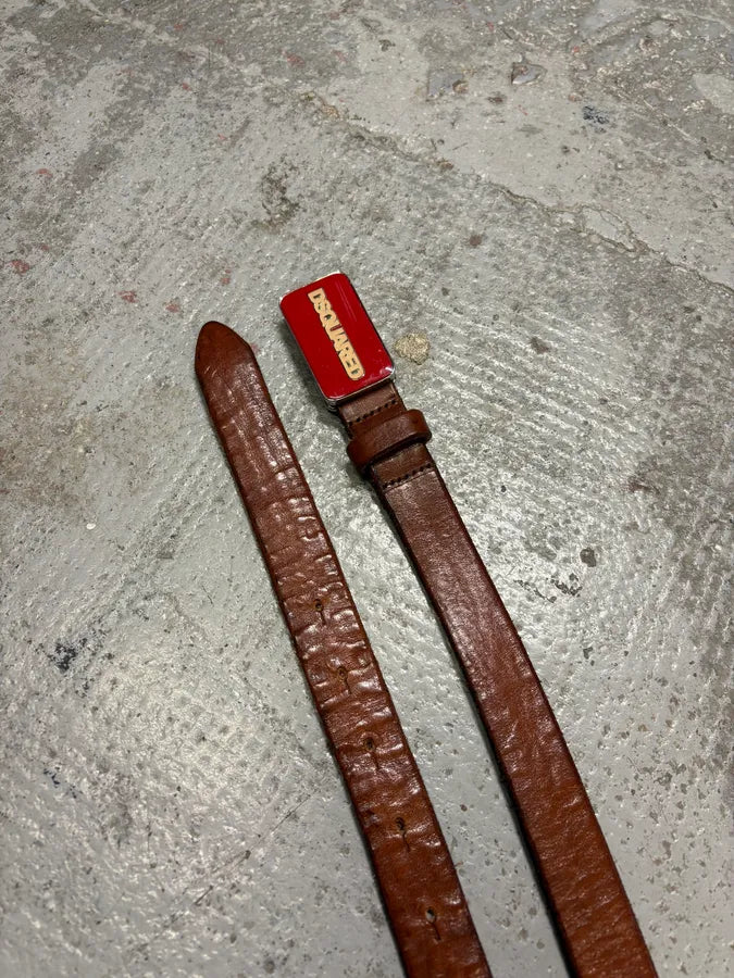 2000s Dsquared2 Red Buckle Brown Leather Belt ENrxYRy 2