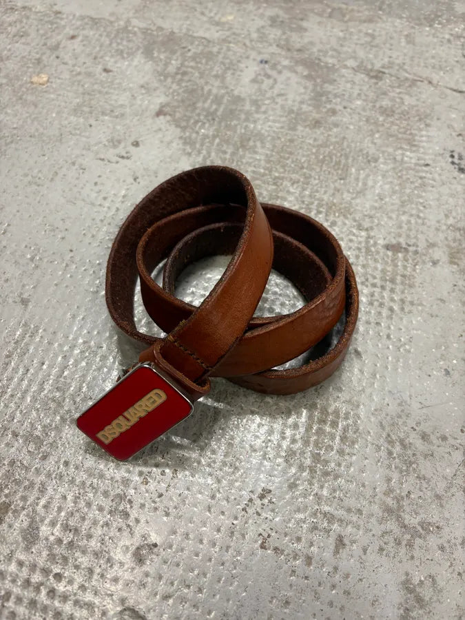 2000s Dsquared2 Red Buckle Brown Leather Belt ENrxYRy 5