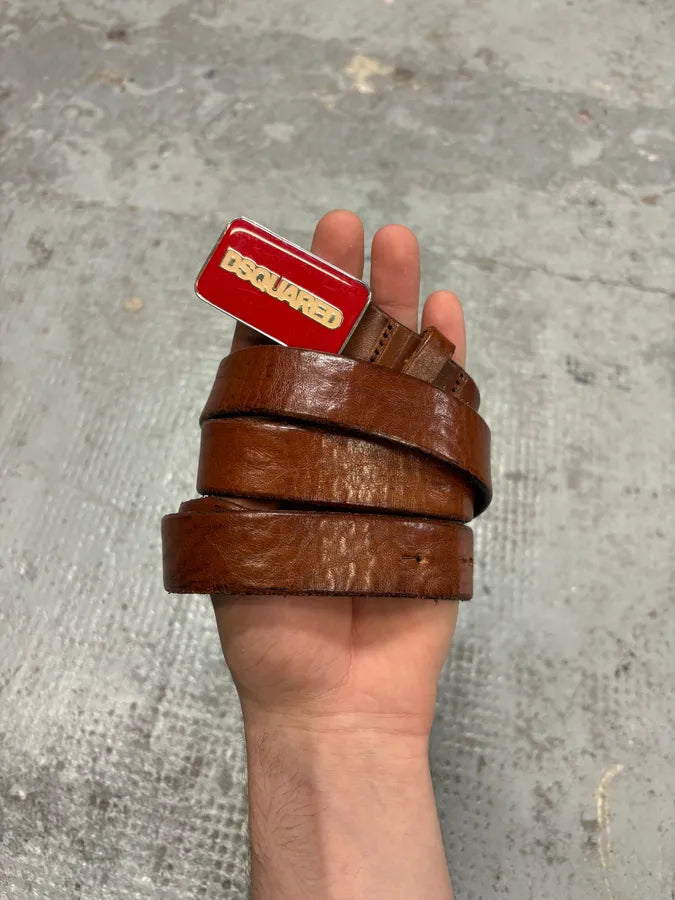 2000s Dsquared2 Red Buckle Brown Leather Belt ENrxYRy 4