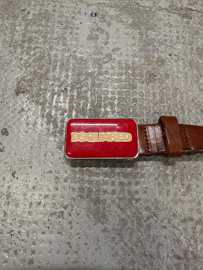 2000s Dsquared2 Red Buckle Brown Leather Belt ENrxYRy 6