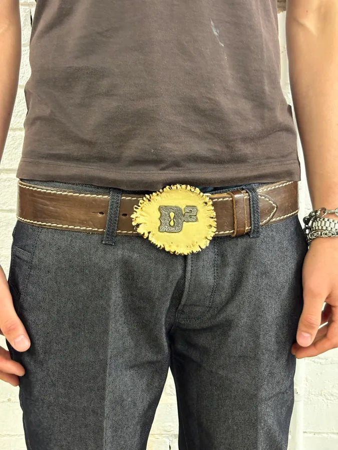 2000s Dsquared2 Trunk Wood Buckle Brown Leather Belt RZUWdSP 1