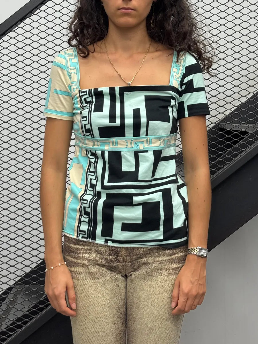 2000s Emilio Pucci Turquoise Cubismo Top  CbFYXog 1
