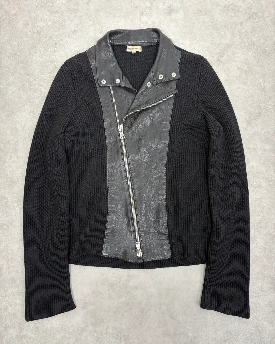 2000s Emporio Armani Asymmetrical Hybrid Black Wool Leather Jacket mJDcIuu 0