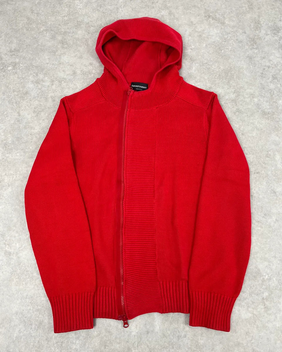 2000s Emporio Armani Asymmetrical Red Zip-Up Hoodie fetwKBD 0