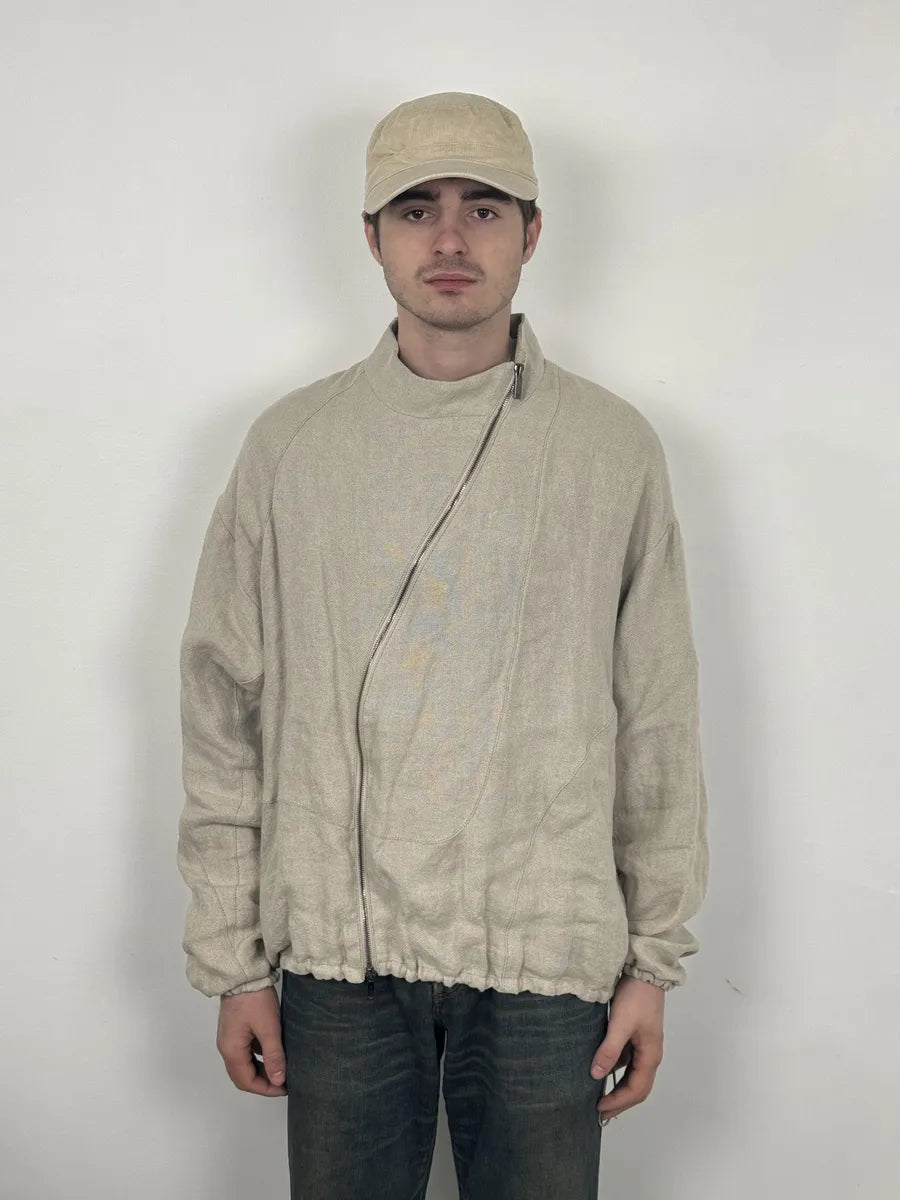 2000s Emporio Armani Asymmetrical Zip Samurai Beige Linen Jacket phRJrER 1
