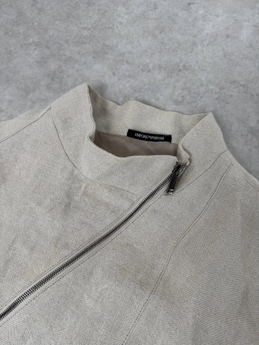 2000s Emporio Armani Asymmetrical Zip Samurai Beige Linen Jacket phRJrER 10